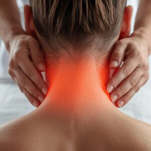 Fisioterapia a domicilio Valle del Tiétar: mujer con dolor de cuello.