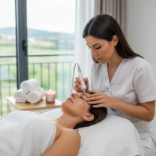 Hidratación facial a domicilio en La Adrada: mujer recibiendo tratamiento ácido hialurónico personalizado con resultados luminosos