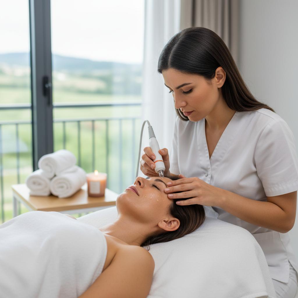 Hidratación facial a domicilio en La Adrada: mujer recibiendo tratamiento ácido hialurónico personalizado con resultados luminosos