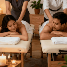 Pareja adulta recibiendo masaje relajante simultáneo a domicilio en camillas portátiles, manos y anatomía perfectas