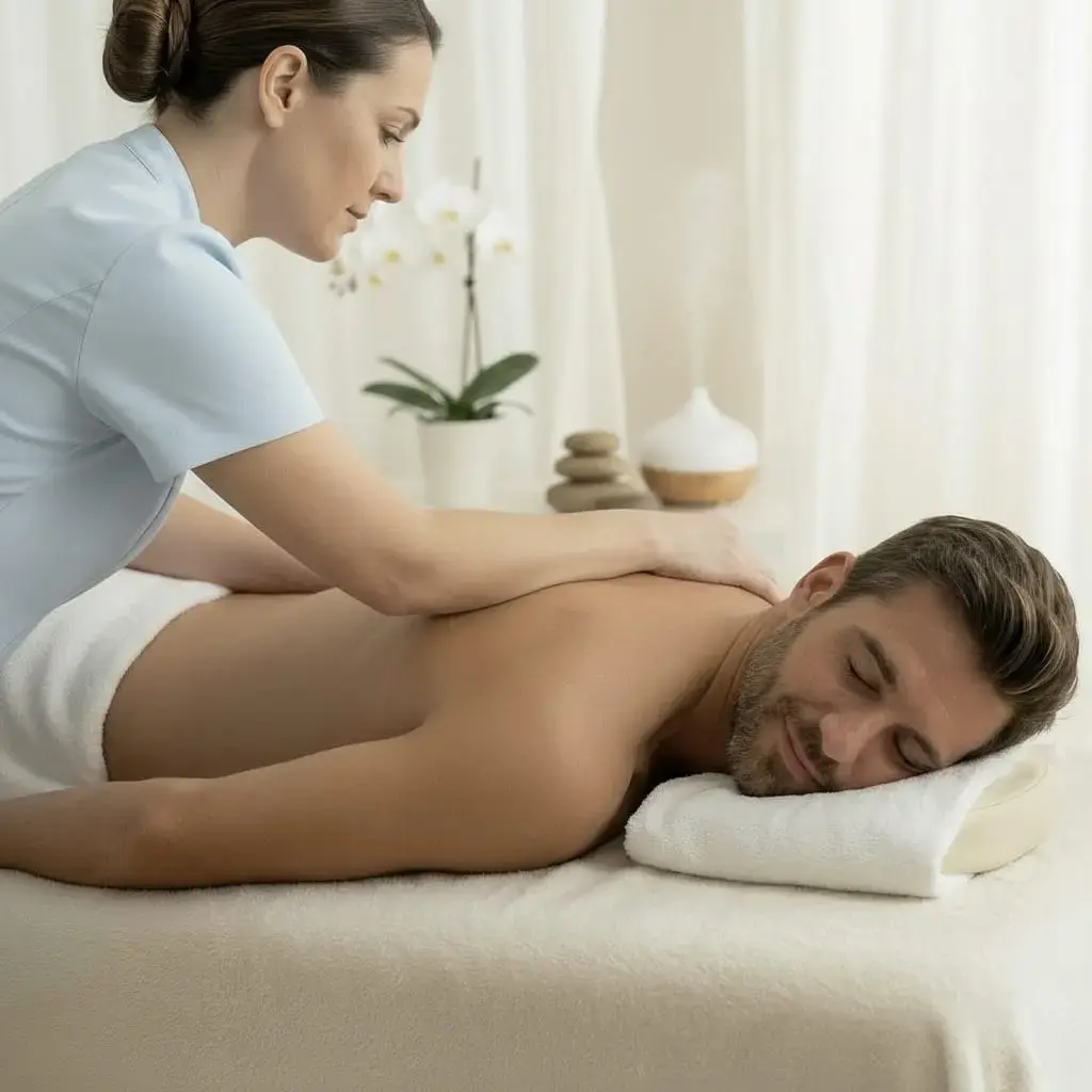 Terapeuta realizando masaje relajante profesional a domicilio en Cenicientos