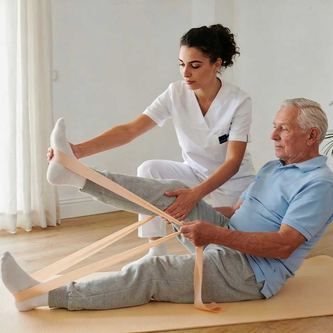 Fisioterapeuta trabajando con paciente en su casa