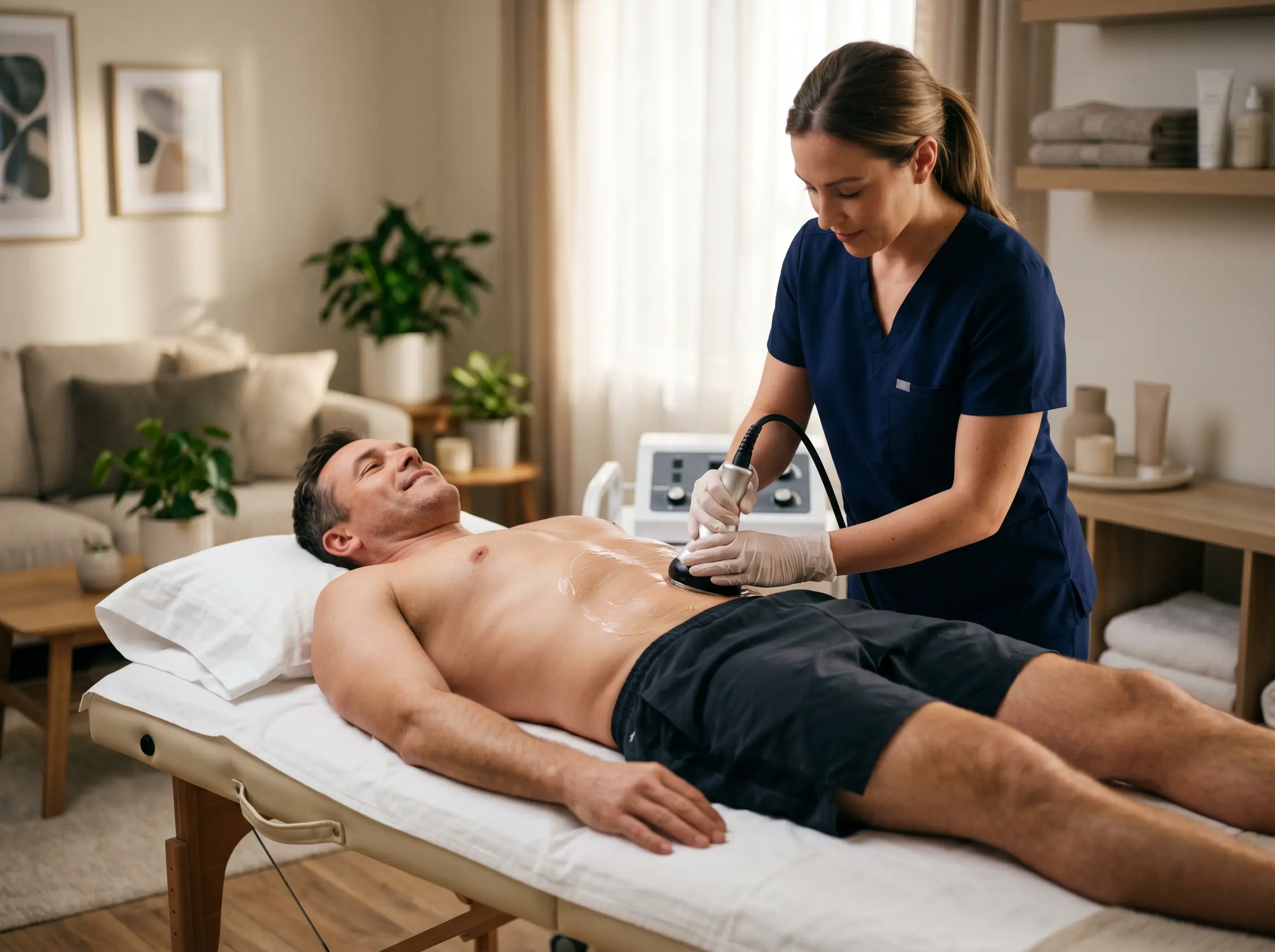 Masaje reductor para hombre x 8 a domicilio con cavitación, radiofrecuencia, maderoterapia y moldeo manual